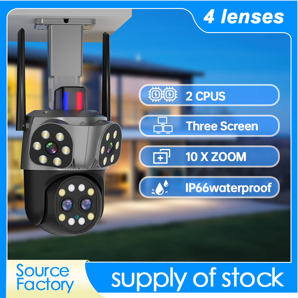 L 8MP Four-Lens Linkage 10X Zoom Outdoor Waterproof Humanoid Tracking Sound Light Alarm Three Screens View Hot-Seliing Camera