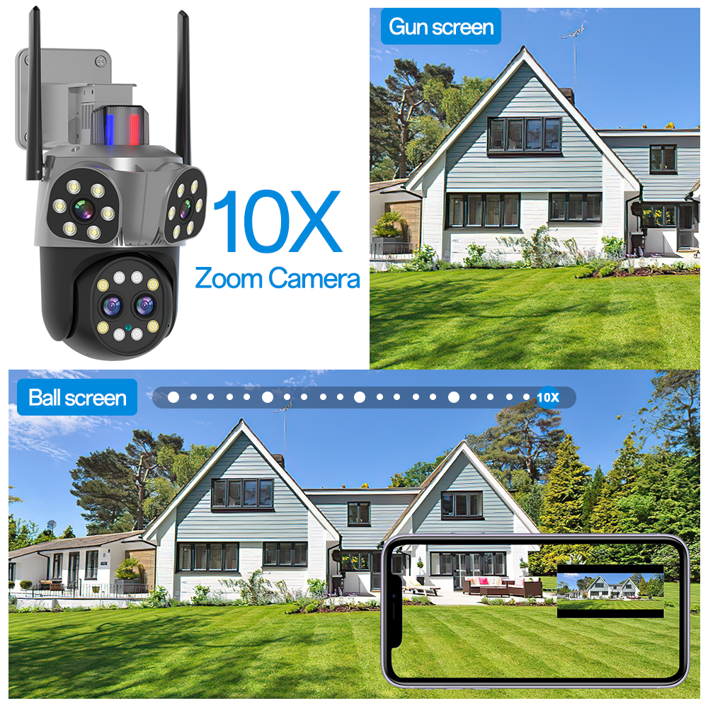 L 8MP Four-Lens Linkage 10X Zoom Outdoor Waterproof Humanoid Tracking Sound Light Alarm Three Screens View Hot-Seliing Camera