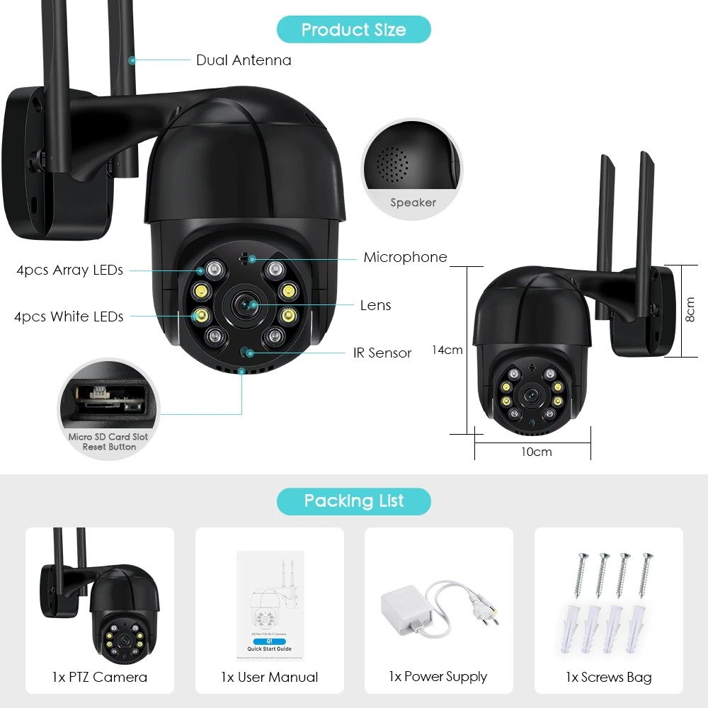 Wistino 8MP PTZ Outdoor WiFi IP Camera Wireless 5X Digital Zoom Auto Tracking Color Night Vision Surveillance Security Camera