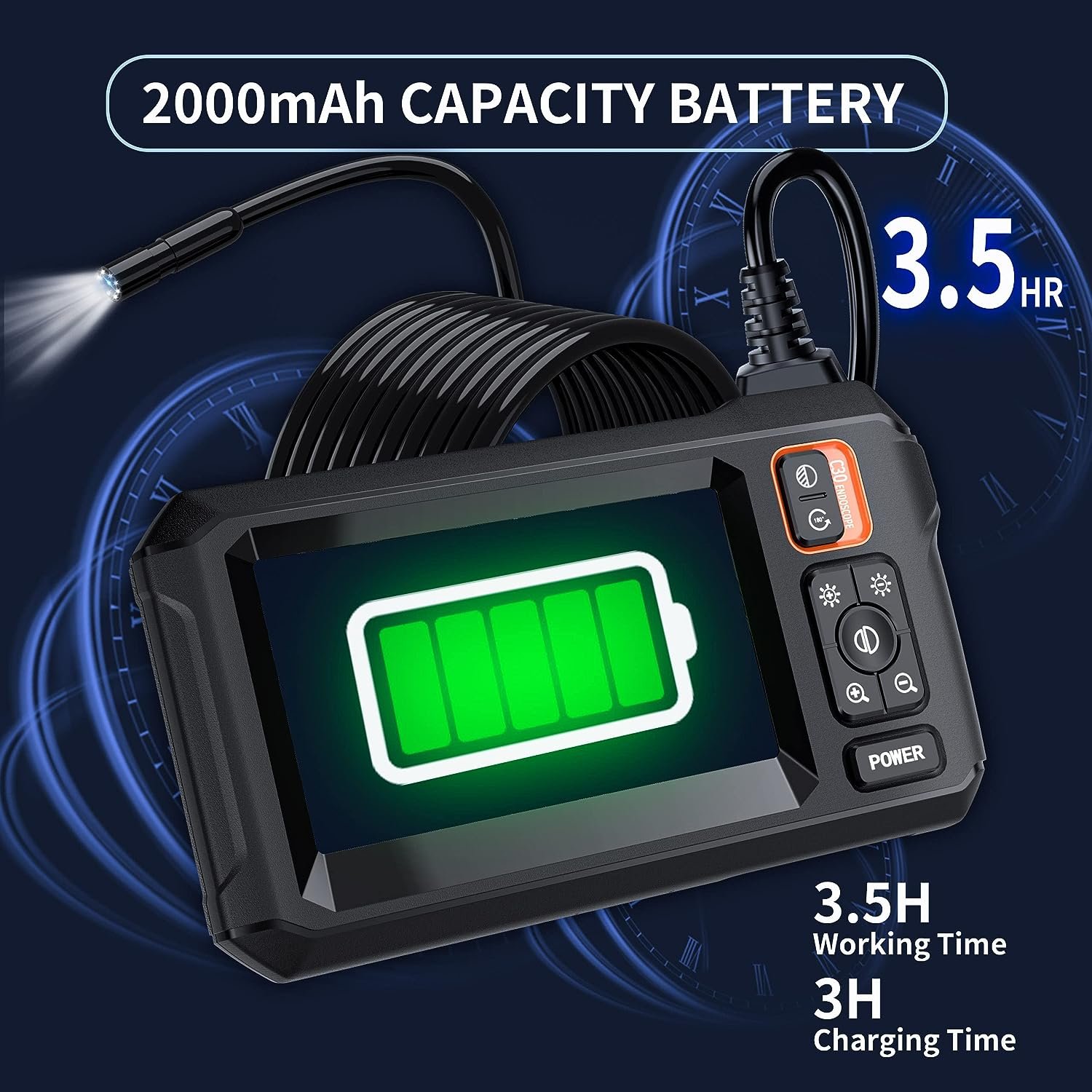 C30-M 10m Semi Rigid 2MP 2000mah 1080P HD Flexible Endoscope Camera Tool with 4.3inch Color Screen