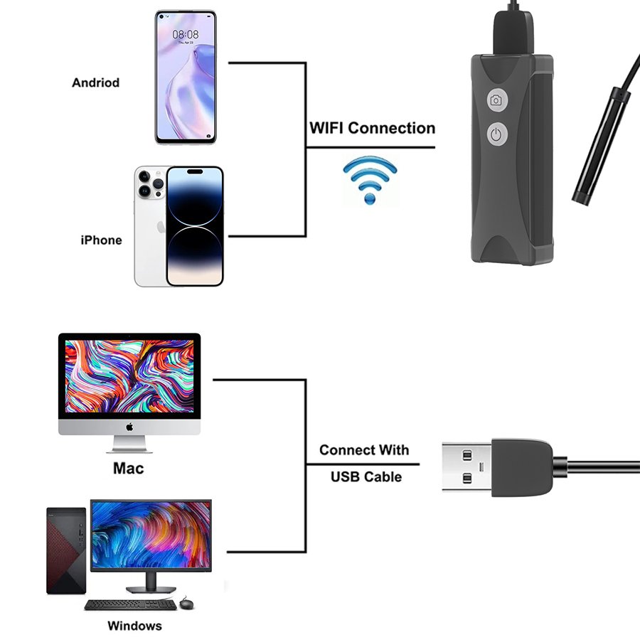 8mm 1m Hard Cable 8 Led Light Waterproof Wireless USB Video Borescope Endoscope WIFI Inspection Camera