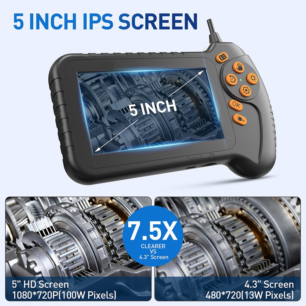 5" Screen Industrial Endoscope 5.5mm Borescope Inspection Camera 1080P HD Snake Camera Automotive Car Engine Sewer Pipe PQ318A