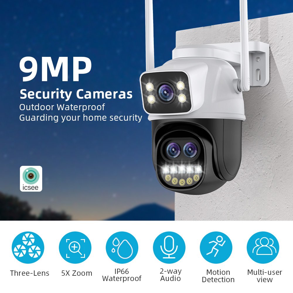 ICsee 9MP Three Lens Dual Security Camera Security Wifi IP Camera Outdoor 8X Zoom PTZ Three Lens Dual Wireless Network Camera