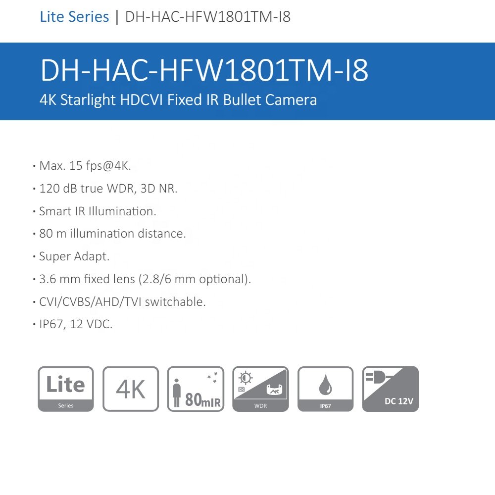 HAC-HFW1801TM-I8 low cost 8Mp Starlight outdoor 80m long range ir bullet CVI/CVBS/AHD/TVI cctv 4k hdcvi dahua analog camera