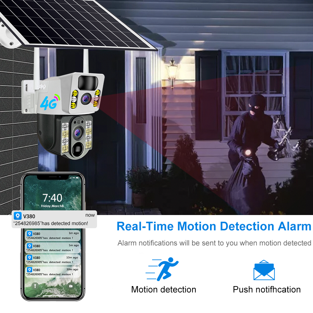 Factory V380PRO 4MP Outdoor 4g solar Dual lens Ptz Camera Wireless Cctv Security solar Ptz solar Dual lens Dual screen camera