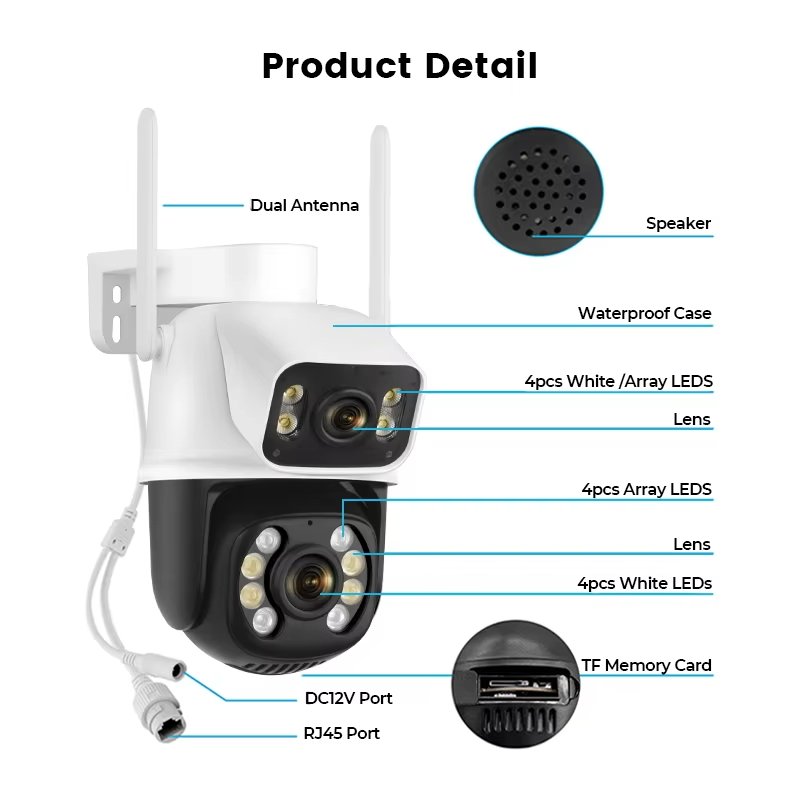 EDAFA 6MP Dual Lens Wireless PTZ CCTV Security Cameras WiFi IP66 Tracking Wireless Dual Lens Network Camera Icsee APP
