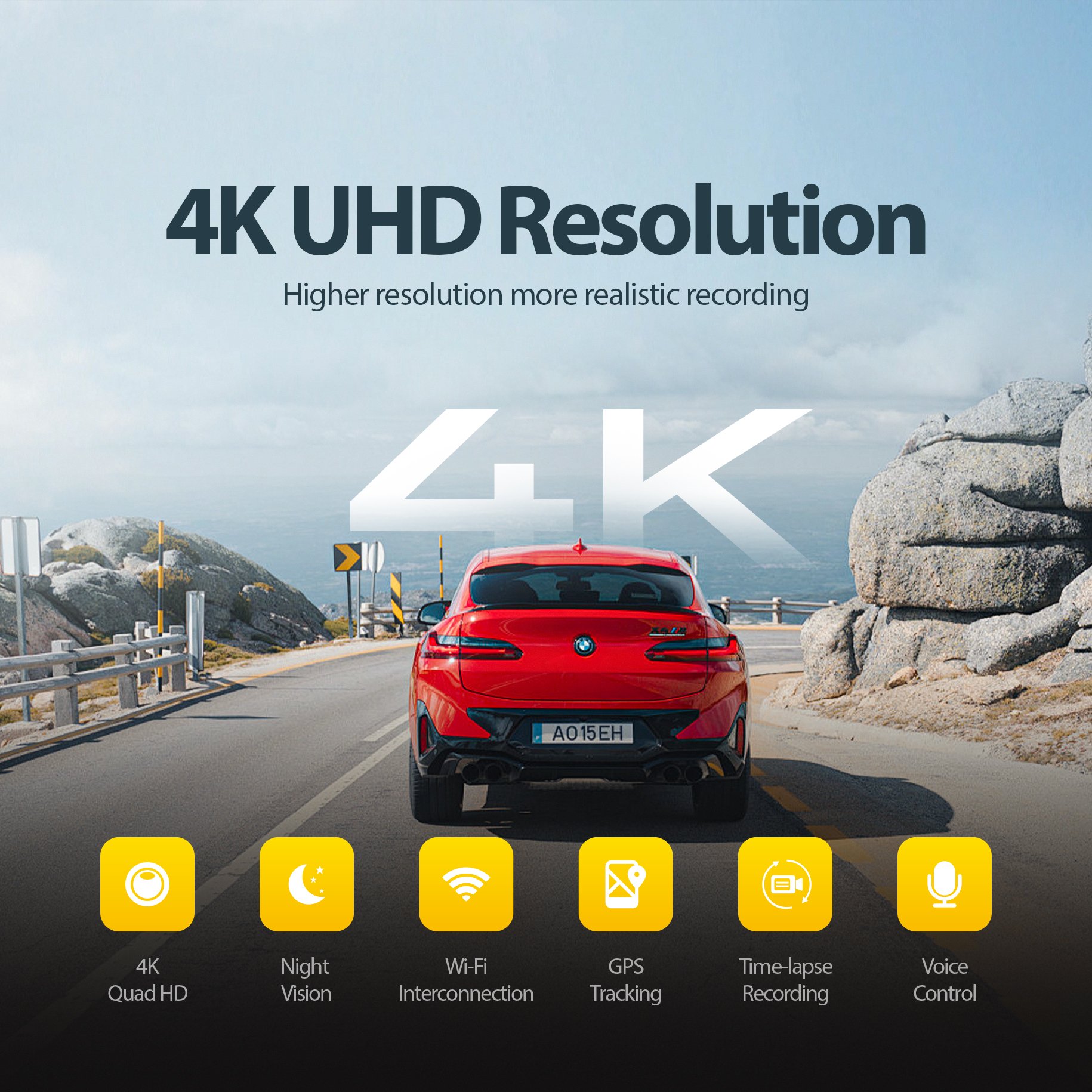 Mini Vehicle Camera with 4K UHD Resolution Straight Night Vision GPS Support G Sensor for Car Security Recording Function