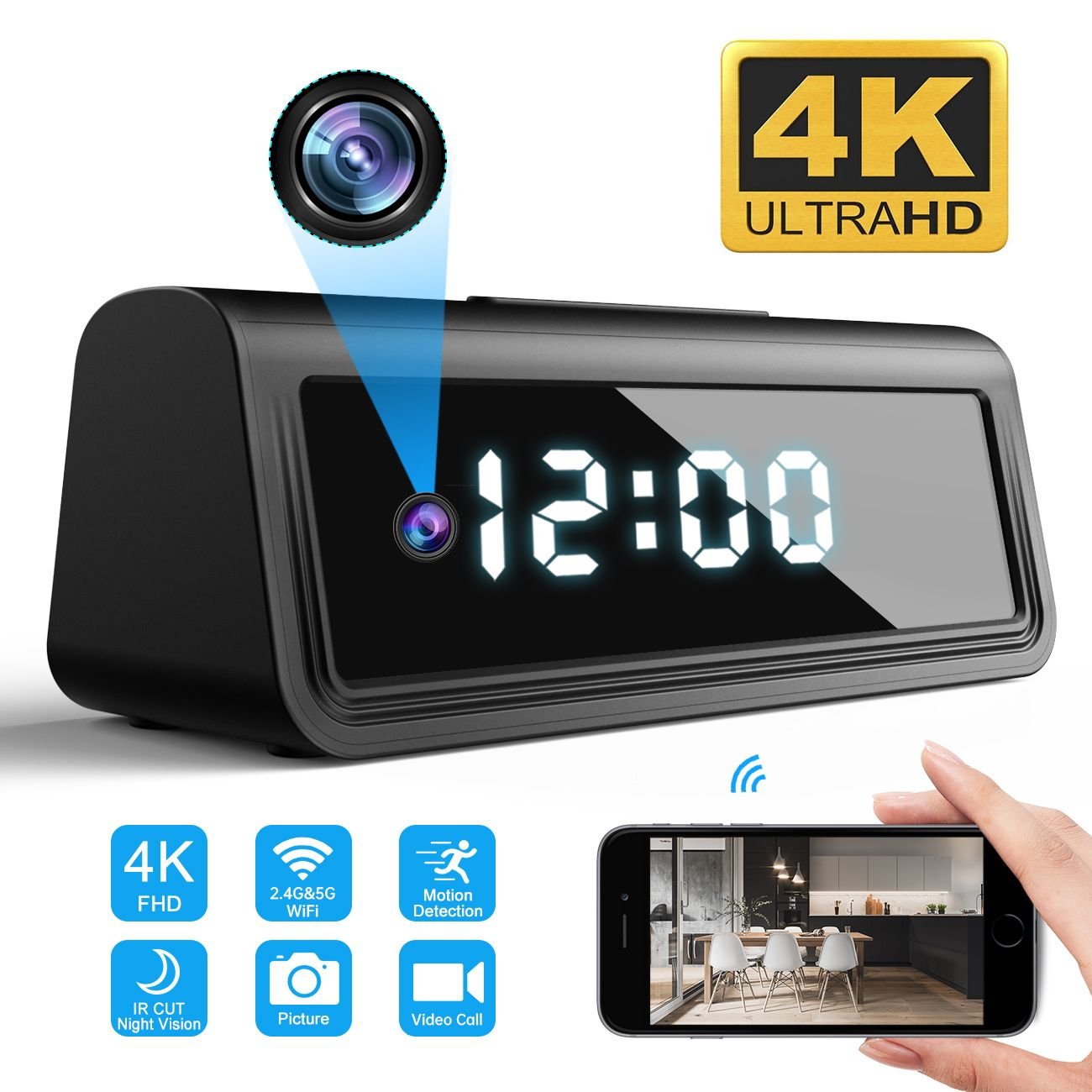 2MP WIFI Camera Speaker Clock with Night Vision Motion Detection Remote Viewing Camcorder for Home Security Camera