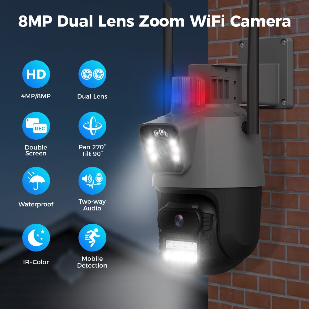 8X Optical zoom dual lens 6MP Red blue lights Outdoor Security Full color night vision Wireless Ptz CCTV IP network camera wifi
