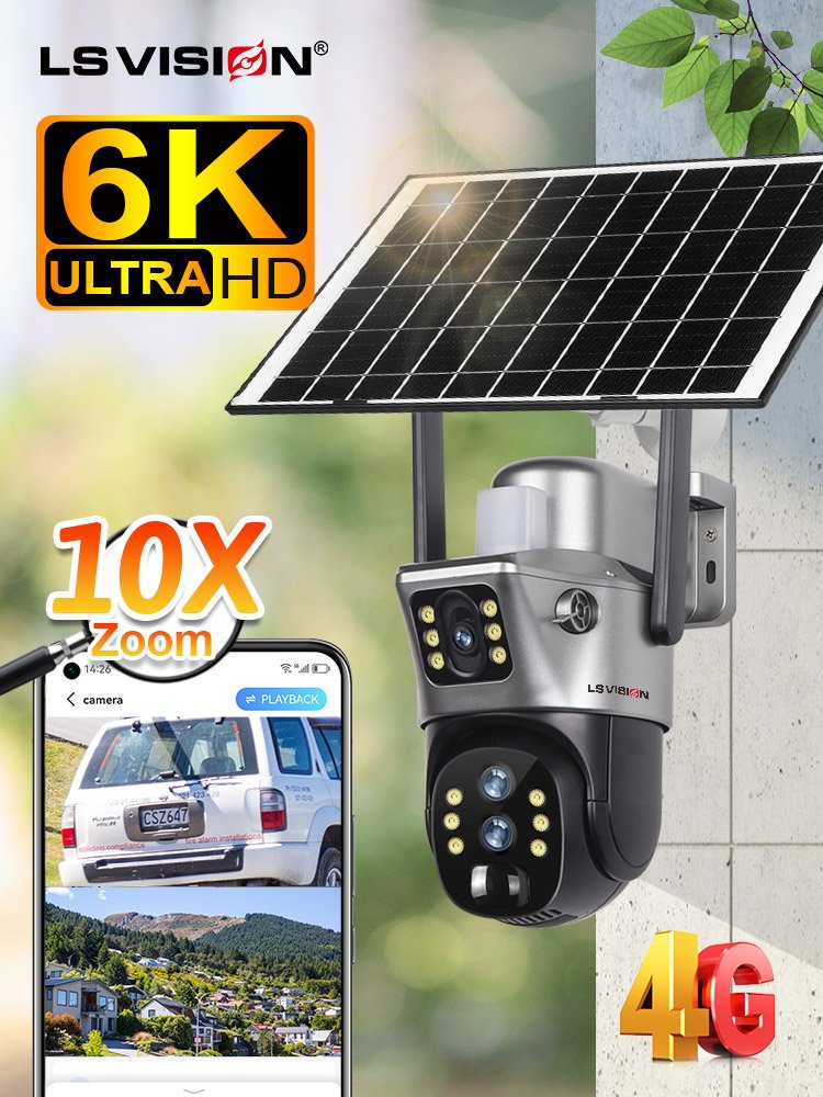 LS VISION 2K Outdoor Camera 10X Optical Zoom with Audio PTZ Three Lenses Two Screens Indoor/outdoor WIFI 4g solar Camera