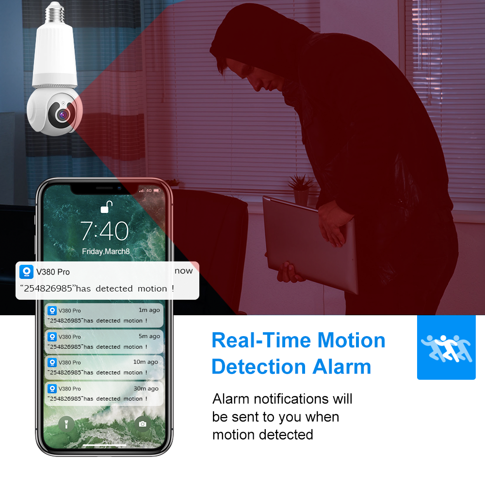 3MP WIFI V380 Indoor Wireless Bulb Camera Security IP Network Camera with Full Color Night Vision Two-way Voice Alarm