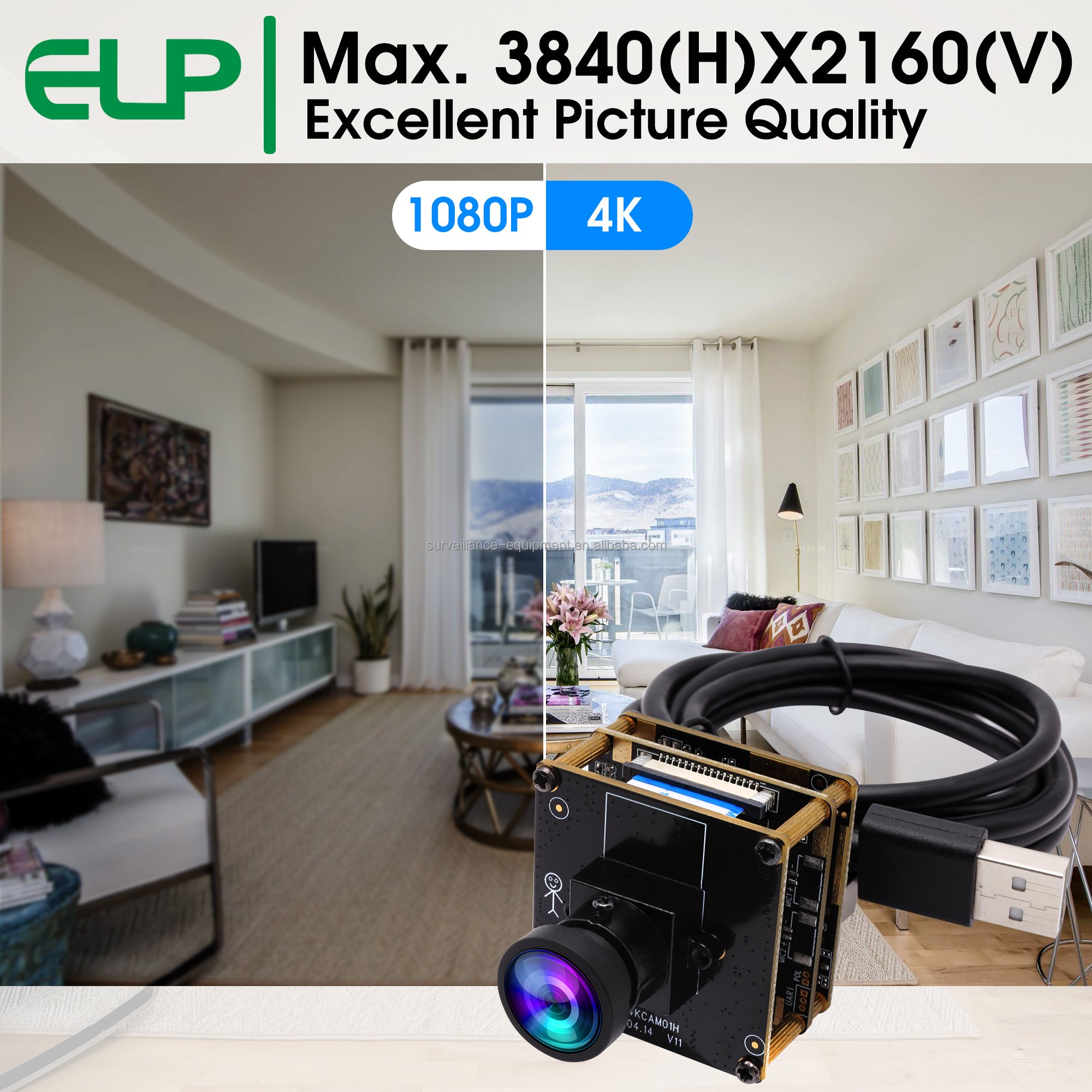 ELP H.264 USB Camera Module 4K IMX415 Webcam 2X Digital Zoom Mini Cameras with 100Degree No Distortion for PC Raspberry Pi