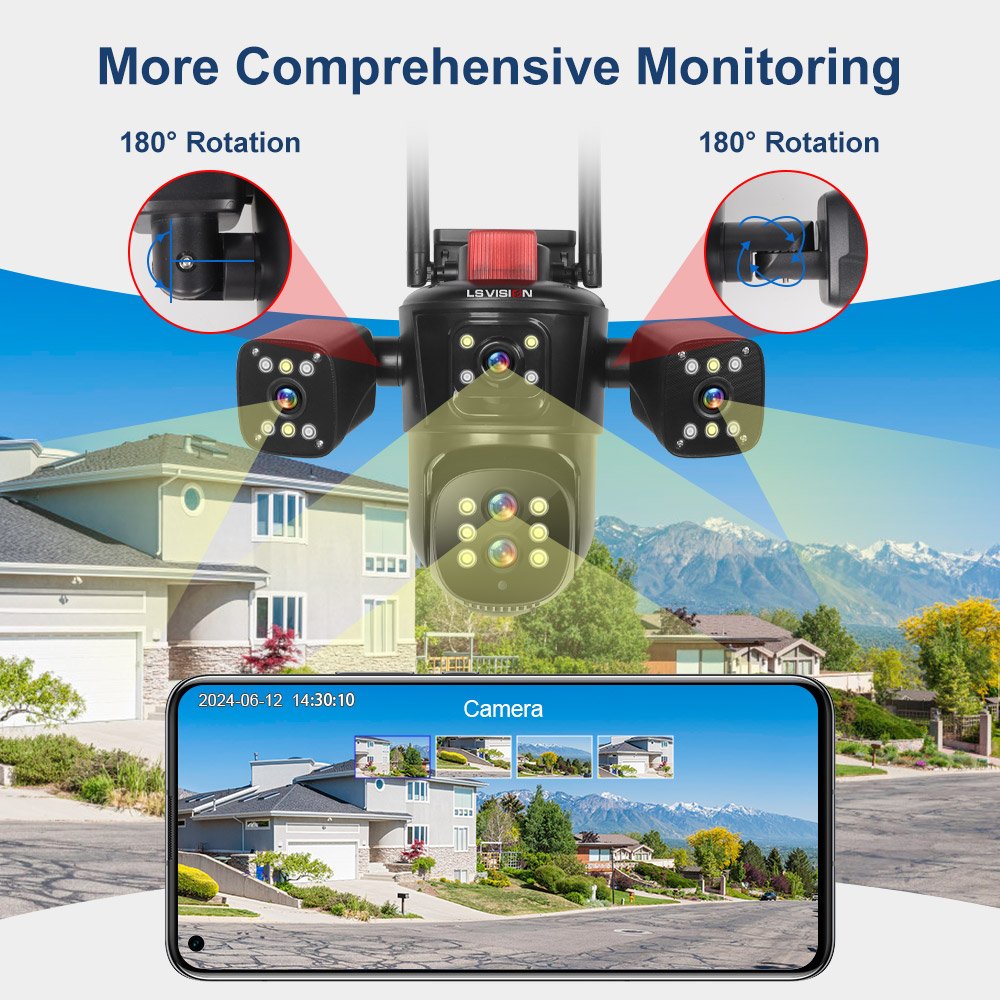LS VISION 4K Multi Lens 4 Screen 360-degree PTZ Cameras CCTV Home Security Camera Motion Detection PIR Automatic Tracking
