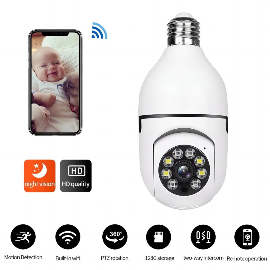 Bulb Camera PTZ 360 E27 Lamp Cap Mini IP Wireless Automatically Tracking 4MP Resolution Indoor/Outdoor 4G Network Alarm Lens