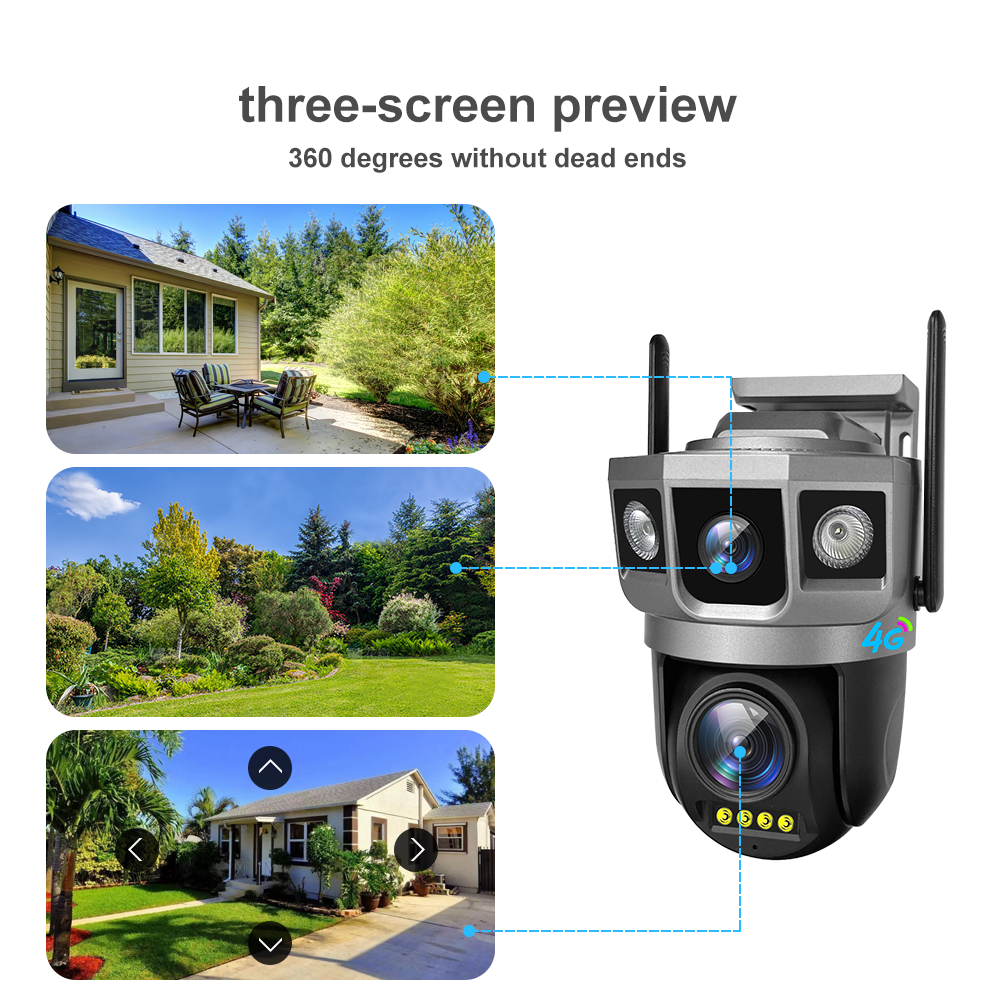 V380 Three Lens 4G Cctv Camera 6mp Bullet Wifi Security System With Full Night Vision Pan-Tilt Auto Tracking Outdoor Camera