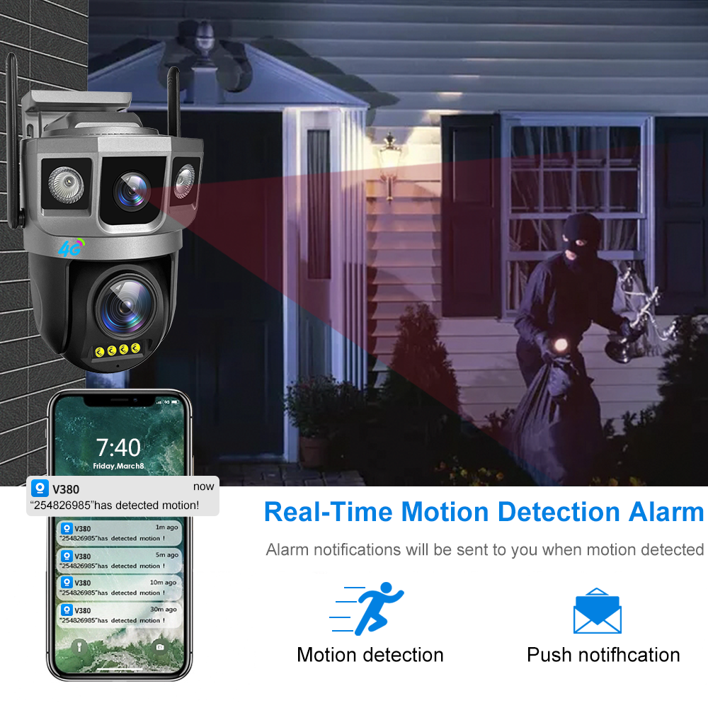 V380 Three Lens 4G Cctv Camera 6mp Bullet Wifi Security System With Full Night Vision Pan-Tilt Auto Tracking Outdoor Camera