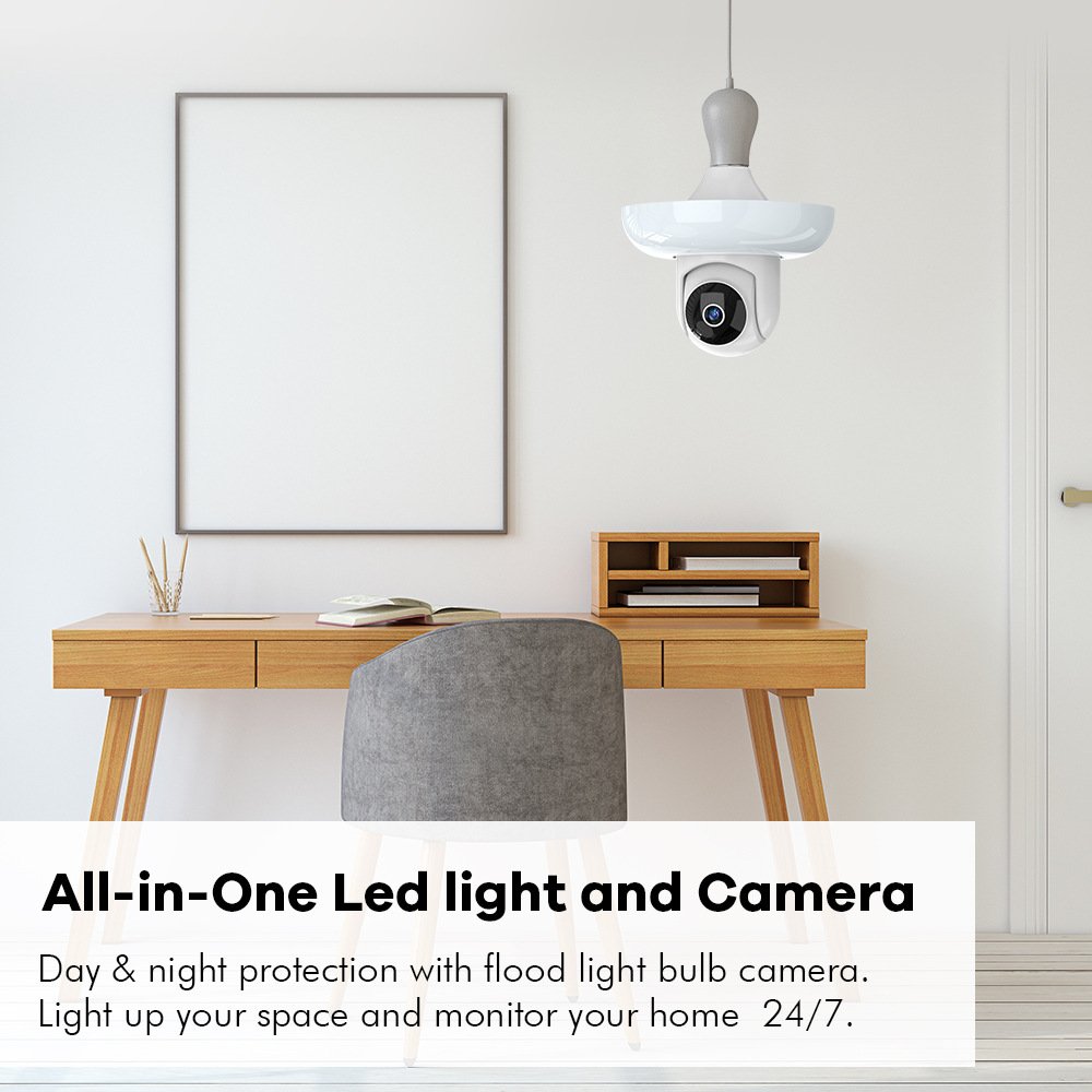 Gsmart 3MP WiFi Bulb Camera with E27 Port Indoor LED Lamp Security Home Smart Camera Motion Sound Alarm with Light/Siren Switch