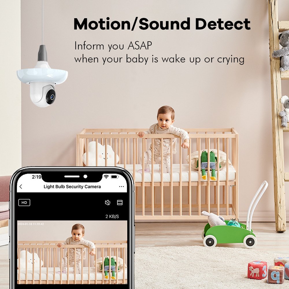 Gsmart 3MP WiFi Bulb Camera with E27 Port Indoor LED Lamp Security Home Smart Camera Motion Sound Alarm with Light/Siren Switch