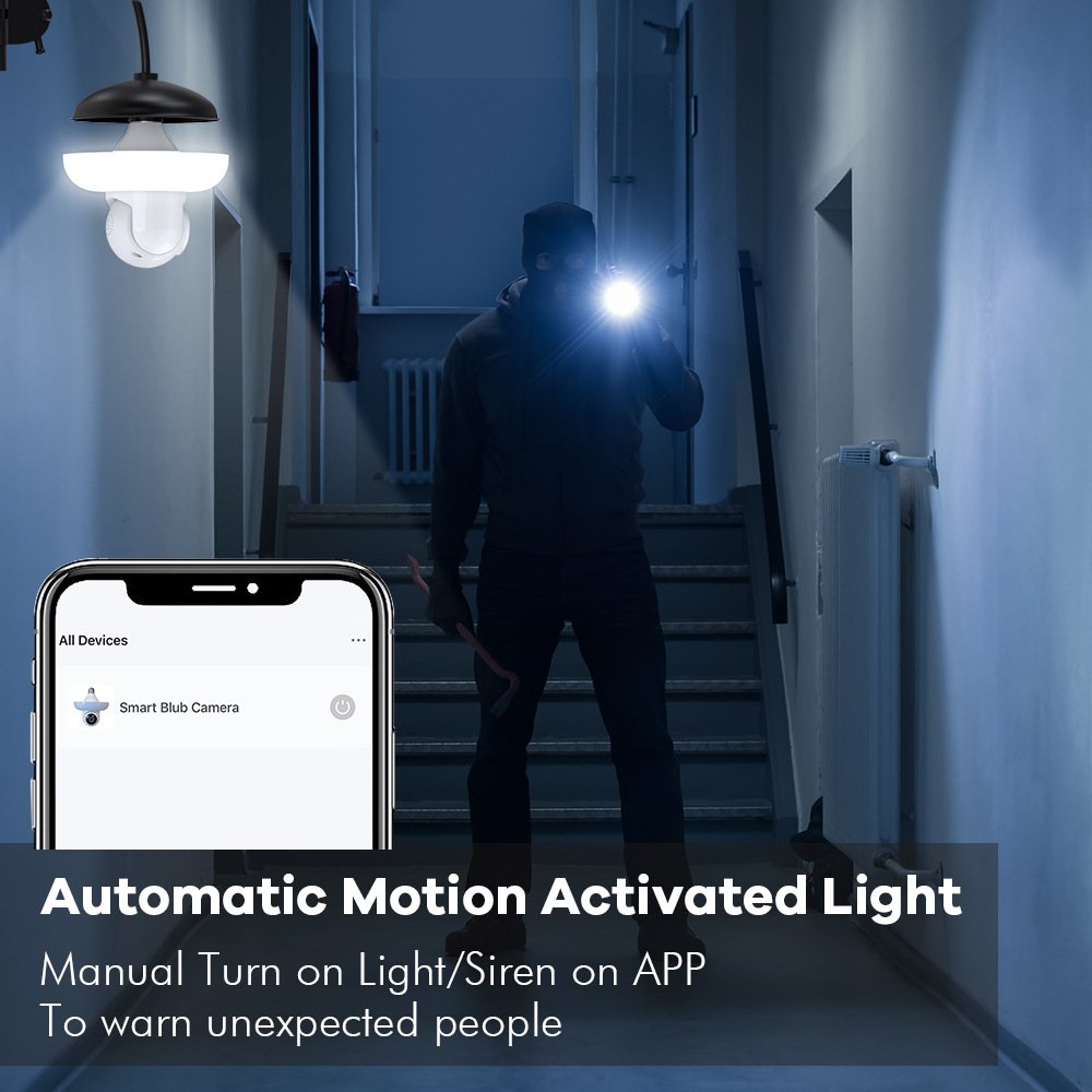 Gsmart 3MP WiFi Bulb Camera with E27 Port Indoor LED Lamp Security Home Smart Camera Motion Sound Alarm with Light/Siren Switch