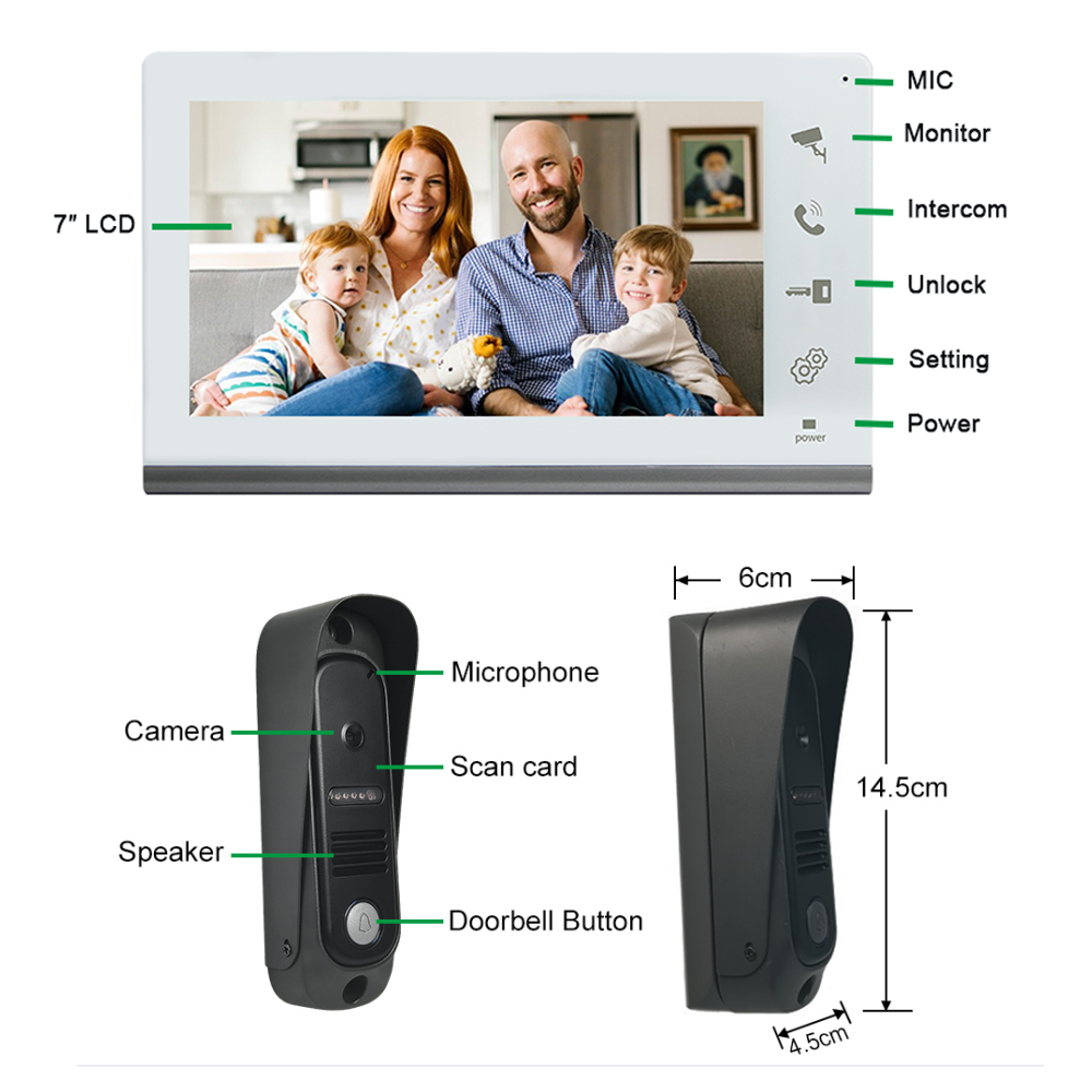 VIDEW 4 Wired Video Intercom System RFID Unlock Camera Doorbell with 7 Inch Screen Night Vision Home Door Bell for Villa
