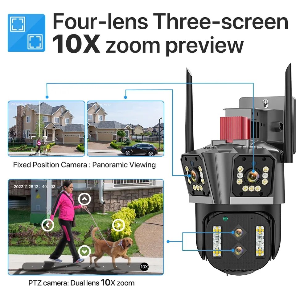Camara De Seguridad Exterior Camara Audio Outdoor 4 Lens Color Night Vision WIFI Kamara PTZ CCTV 8K 10X Zoom Network Camera