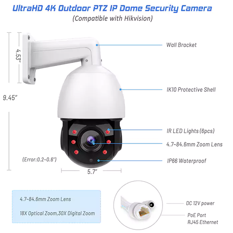 Hik compatible outdoor ip security surveillance 4k 8mp speed dome auto tracking optical zoom night vision poe ptz camera