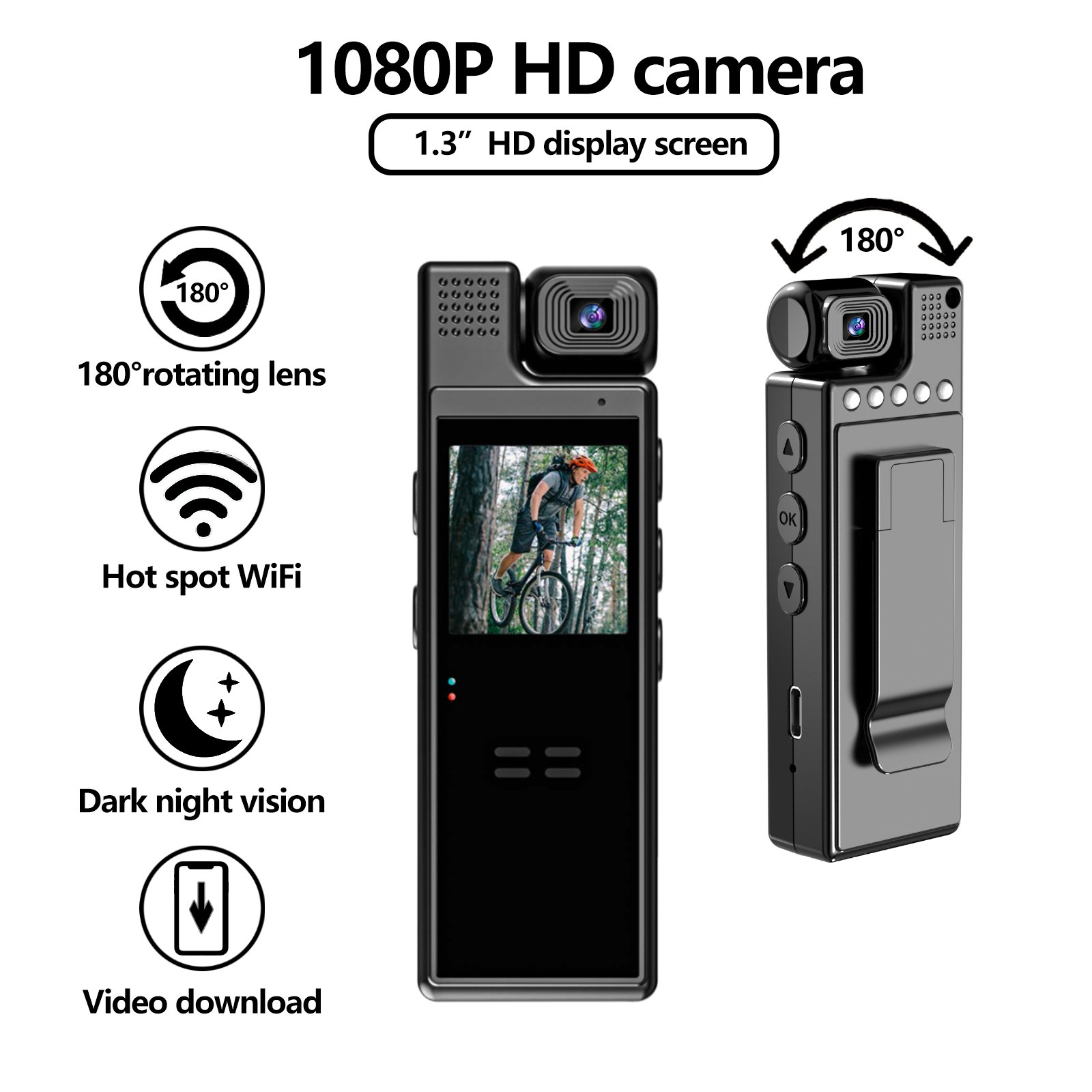 1.3inch Screen 1080P Full HD Night Vision 180 Degree Rotation Lens Mini Body Camera Sports DVR Recorder with Clip