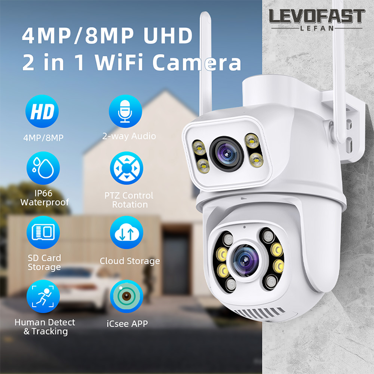 LEVOFAST Dual-Screen Wireless Outdoor WiFi 8MP IP Home Camera 6MP ICSEE Audio Alarm PTZ Cctv Camera