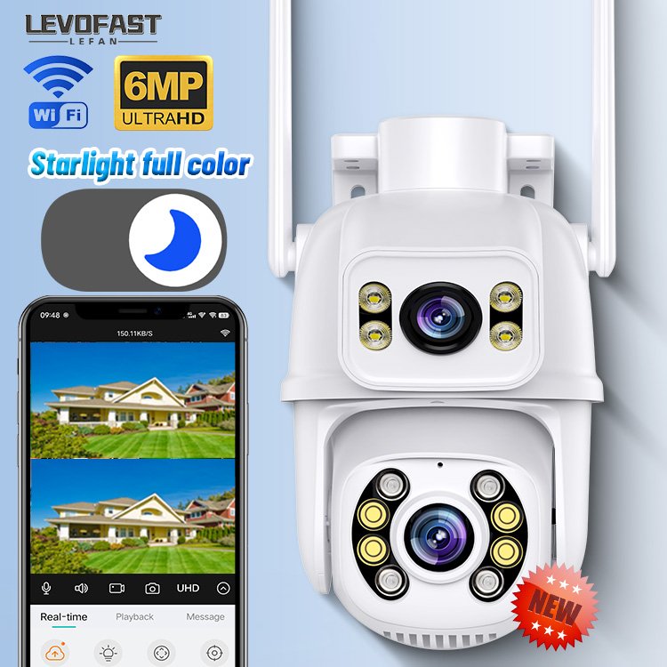 LEVOFAST Dual-Screen Wireless Outdoor WiFi 8MP IP Home Camera 6MP ICSEE Audio Alarm PTZ Cctv Camera