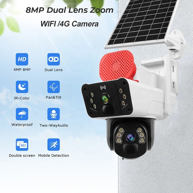 Outdoor Solar Camera 4g Sim Card 8mp Dual Lens Waterproof Wifi Ptz Humanoid Auto Tracking Security System CCTV Camera Network
