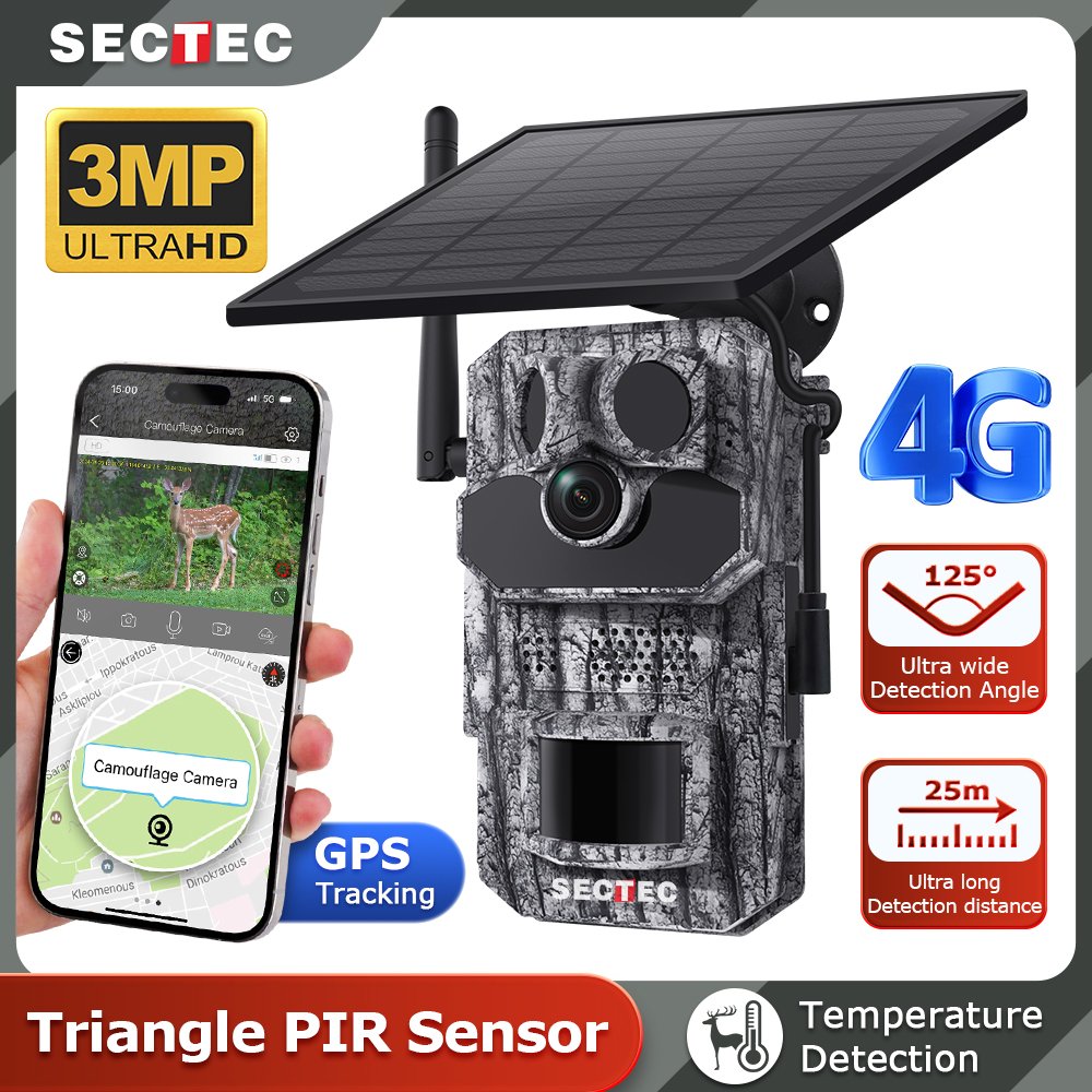 SECTEC 3MP 3K Camouflage Hunting 4G GPS Tracking Wild Trail Outdoor IP Network Solar Battery Shooting Camera