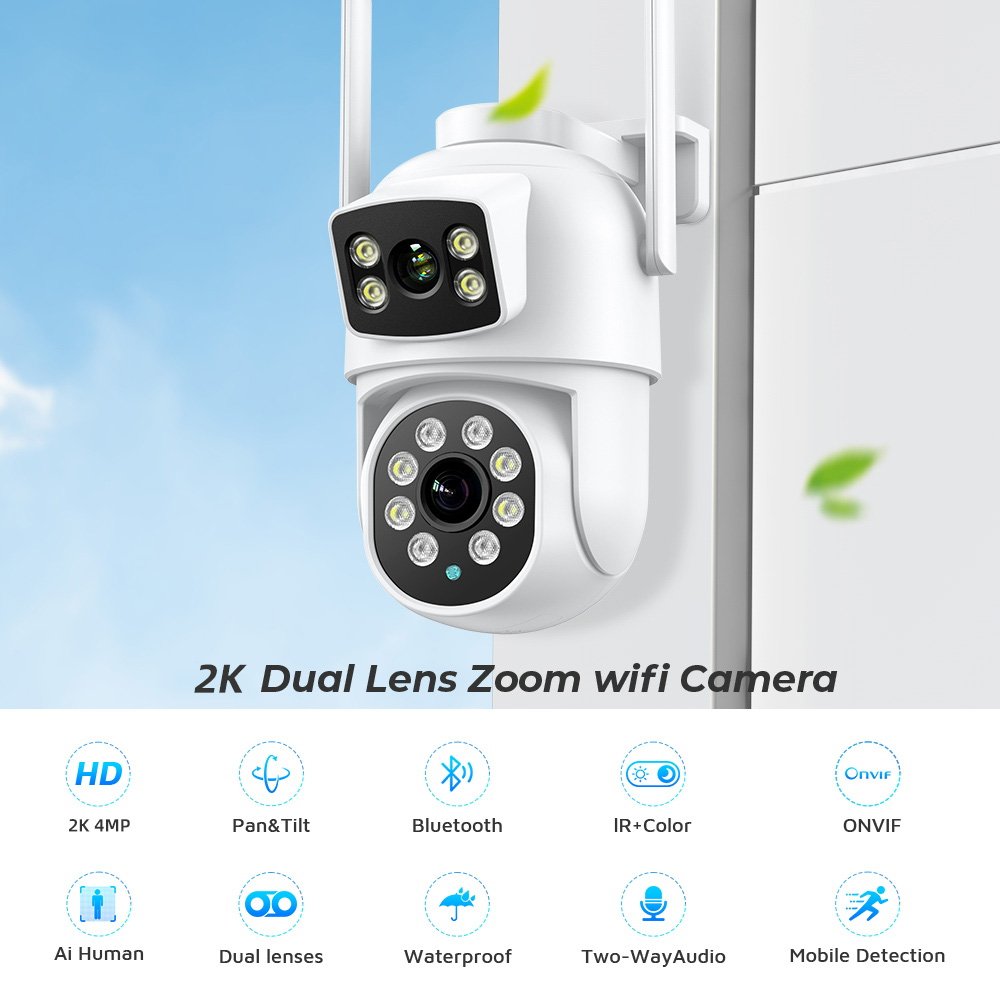 Outdoor Wireless Security Camera WiFi 6MP Dual Screen Dual Lens Night Vision AI 360 Degree Motion Tracking Security CCTV Camera