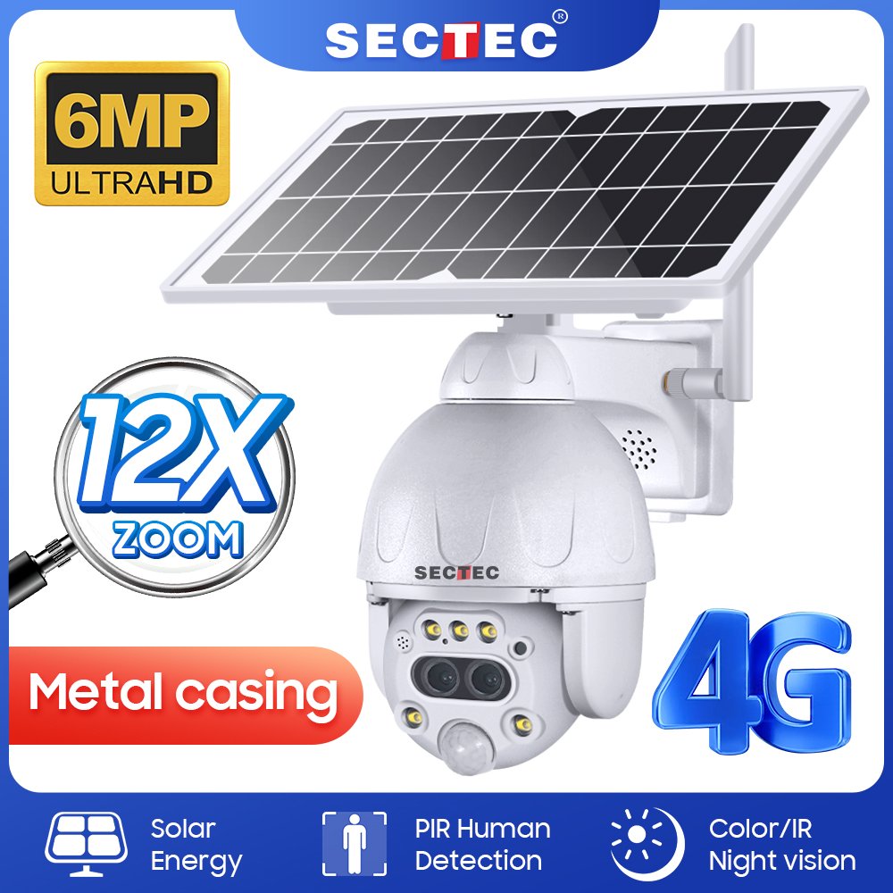 Sectec Dual Lens 12X Zoom 6W HD 3K 6MP 4G Solar Camera With Sim Card Metal Casing CCTV PTZ Security Outdoor Network Camera