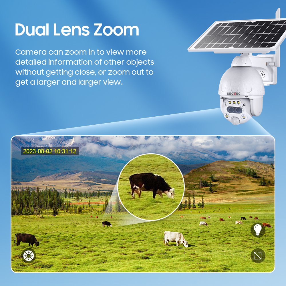 Sectec Dual Lens 12X Zoom 6W HD 3K 6MP 4G Solar Camera With Sim Card Metal Casing CCTV PTZ Security Outdoor Network Camera