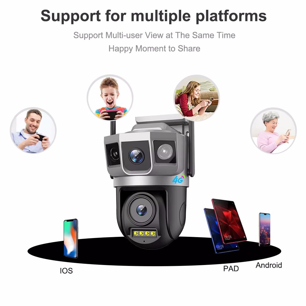 V380pro 2K 4MP Wireless 4G CCTV Camera Night Vision Audio Alarming Outdoor IP66 WiFi PTZ Multi Lens Three Screen Network Camera