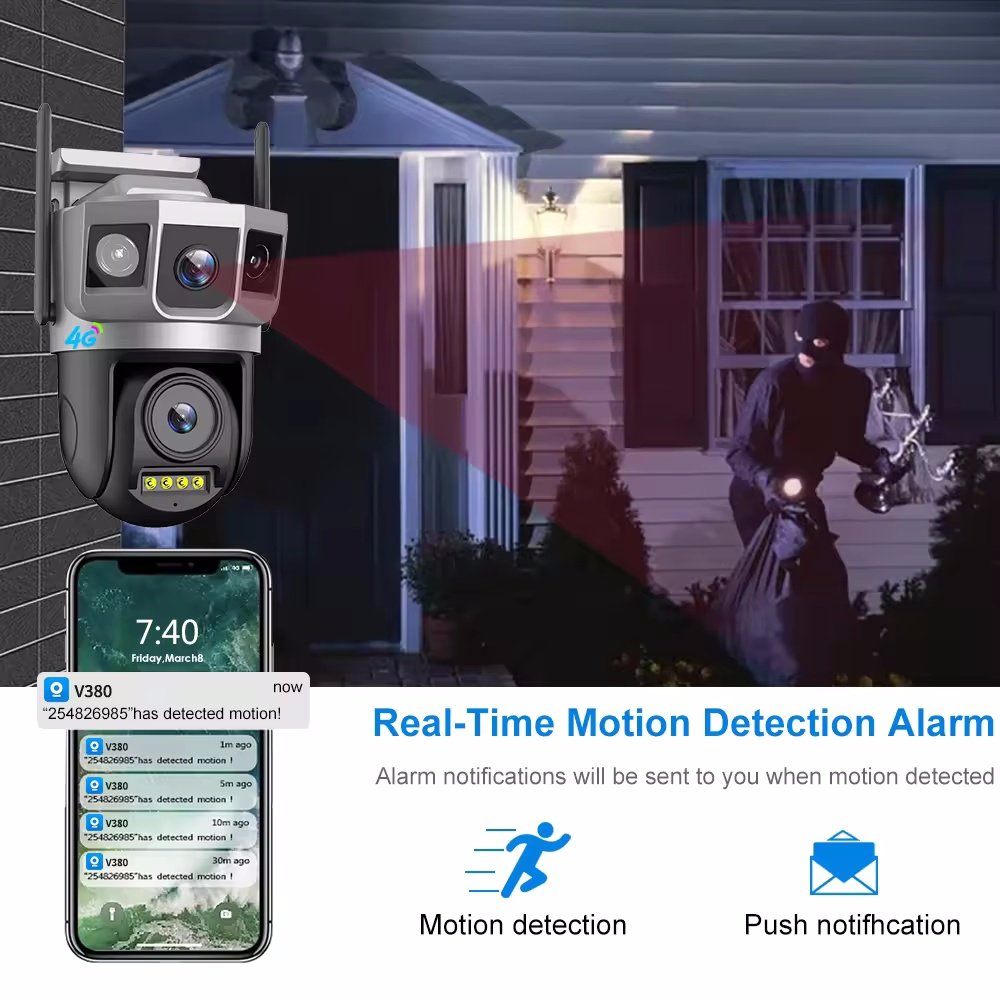 V380pro 2K 4MP Wireless 4G CCTV Camera Night Vision Audio Alarming Outdoor IP66 WiFi PTZ Multi Lens Three Screen Network Camera