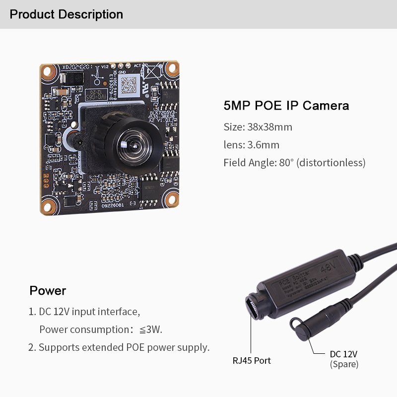 5MP 3.6mm 80degree distortionless POE Webcam imx335 sensor H.265AI/H.265+ 0.0001Lux Mini IP Camera Module
