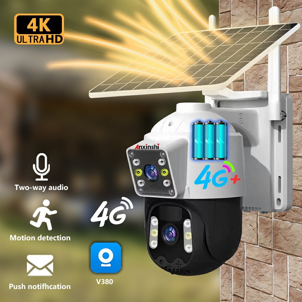 Anxinshi Factory V380PRO 4G Dual lens Motion Detect Auto Tracking Solar PTZ Sim Card 10000mah Low-Power Battery Network Camera