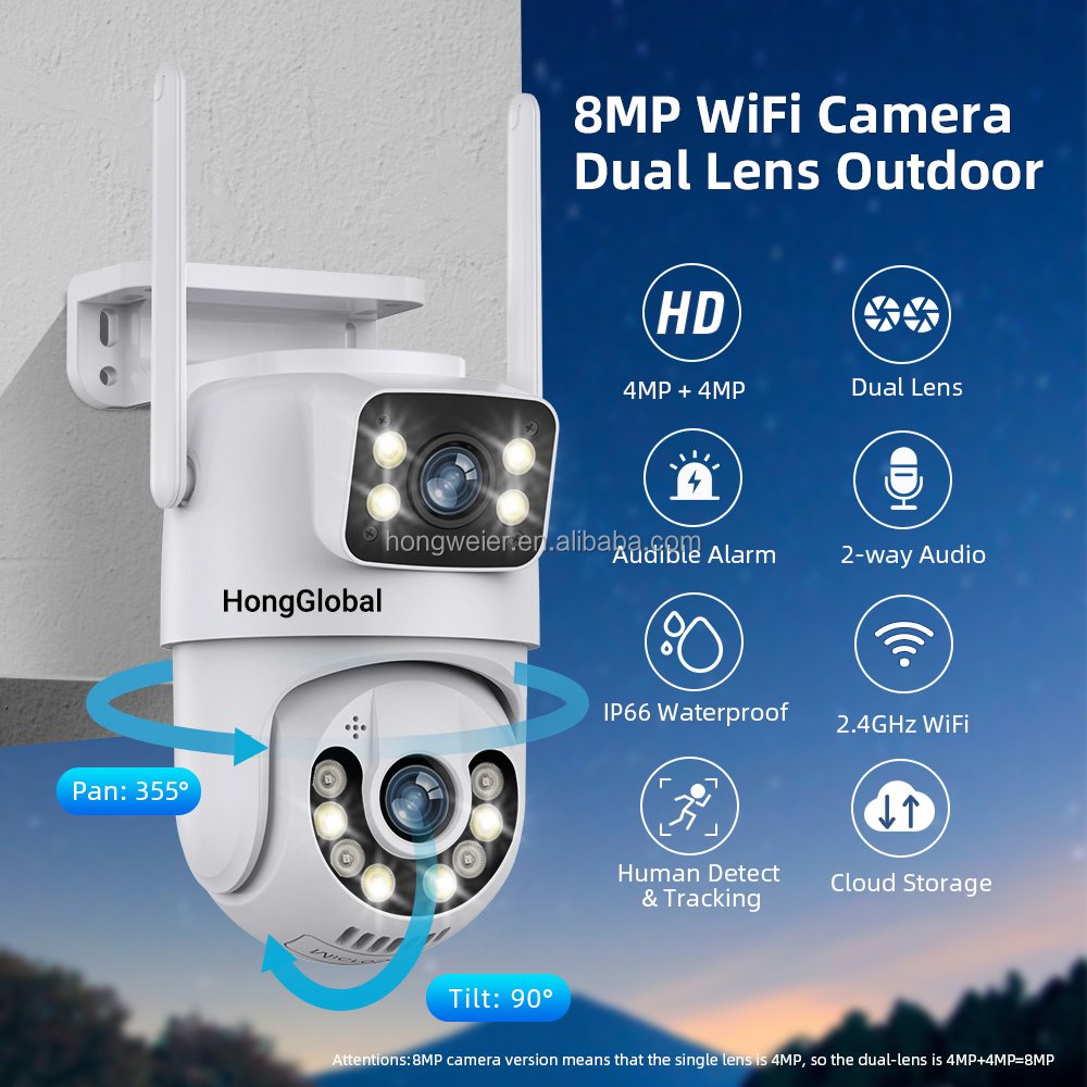 HongGlobal 8MP WiFi Outdoor Wireless Surveillance PTZ Camera 360 4K Dual Lens IP Home Icsee WiFi CCTV Security Network Camera