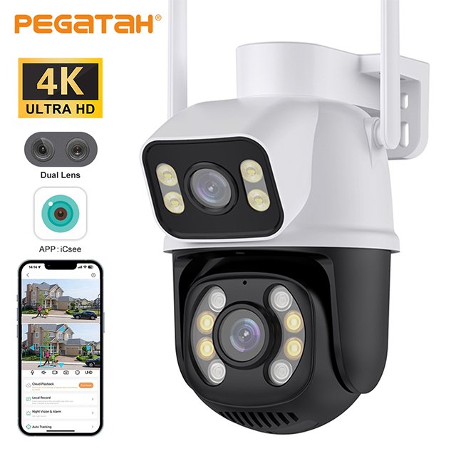 8MP 4K Wifi Outdoor Video Surveillance Cameras Dual Lens Dual Screen Night Vision Auto Tracking Pan-Tilt Function CMOS SD Card