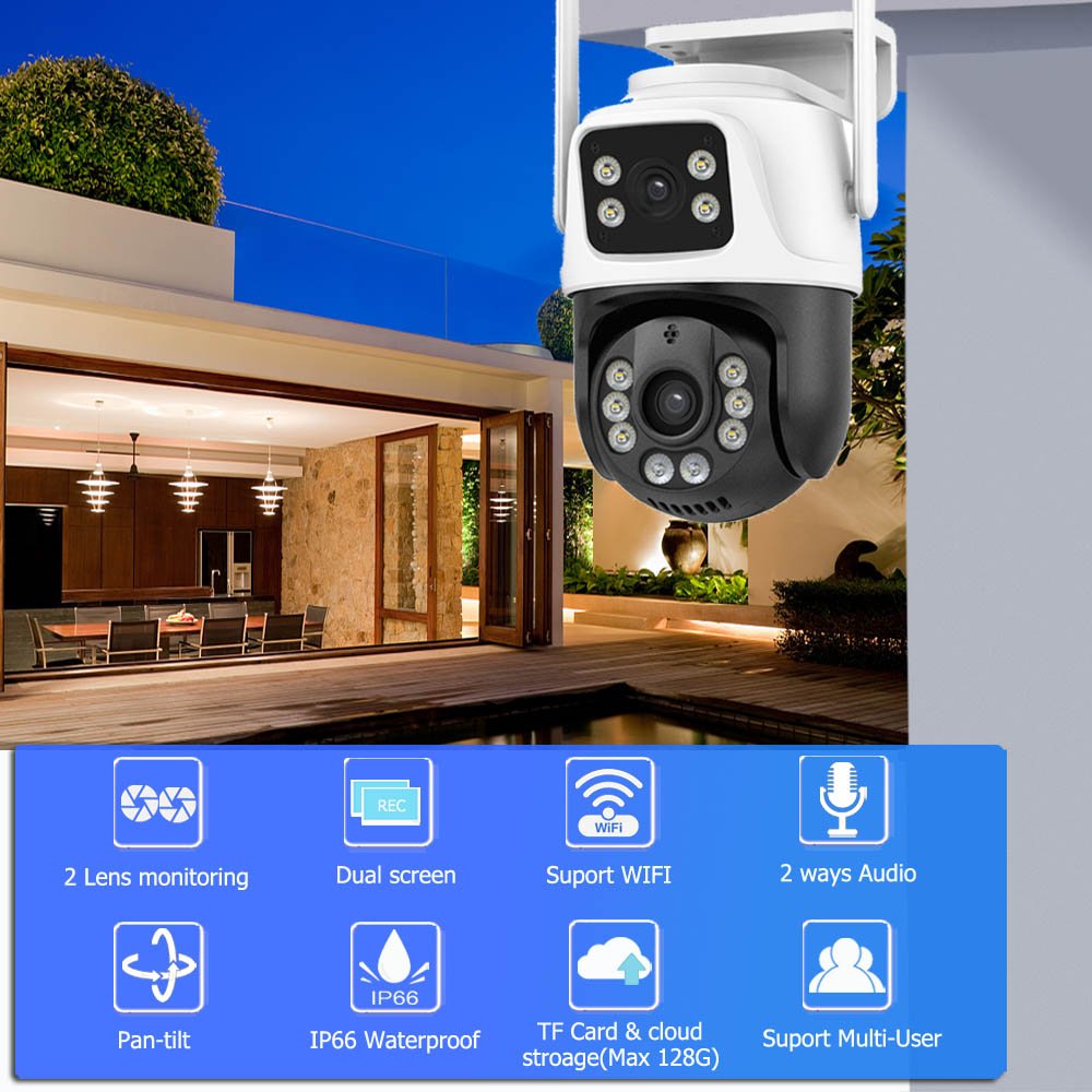 China Top 10 cctv camera factory icsee Outdoor dual lens wifi home security cctv camera 12V 360 dual screen mini wifi cameras