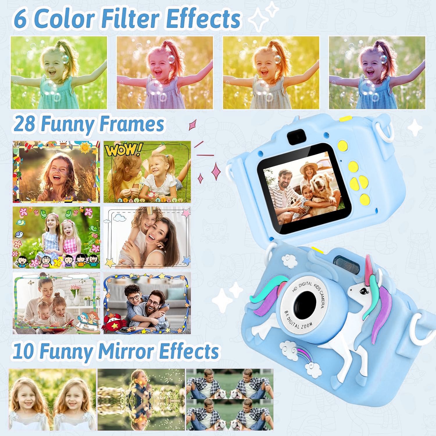 32GB New X2D 1080P Dual Lens Mini Digital Kids Selfie Camera with Silicone Unicorn Cartoon Case for 3-9 Years old Children