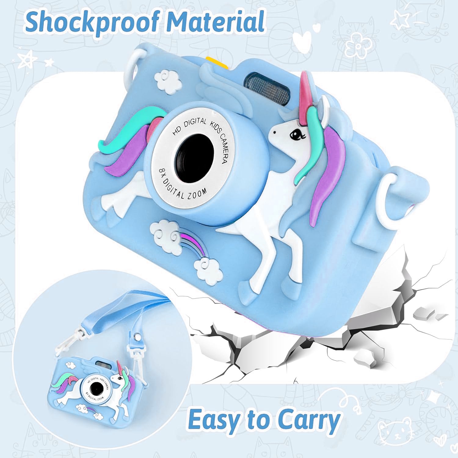 32GB New X2D 1080P Dual Lens Mini Digital Kids Selfie Camera with Silicone Unicorn Cartoon Case for 3-9 Years old Children