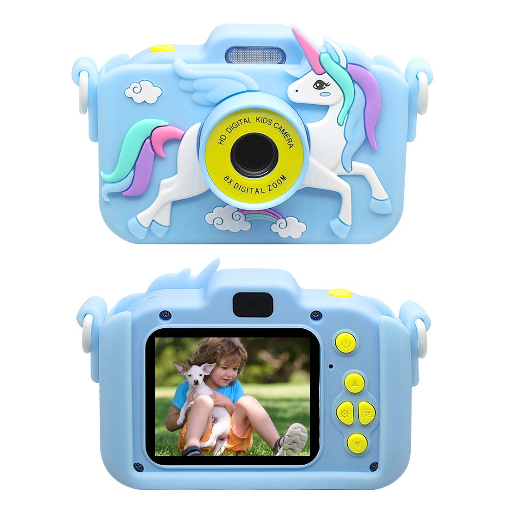 32GB New X2D 1080P Dual Lens Mini Digital Kids Selfie Camera with Silicone Unicorn Cartoon Case for 3-9 Years old Children