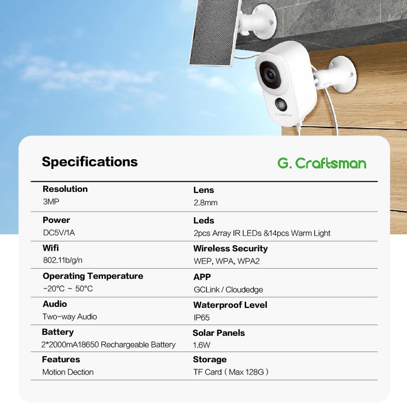 L2(AG) G.Craftsman 3MP WIFI Solar Panel Home Security Wireless Surveillance Camera CCTV with Rechargeable battery PIR Cloudedge