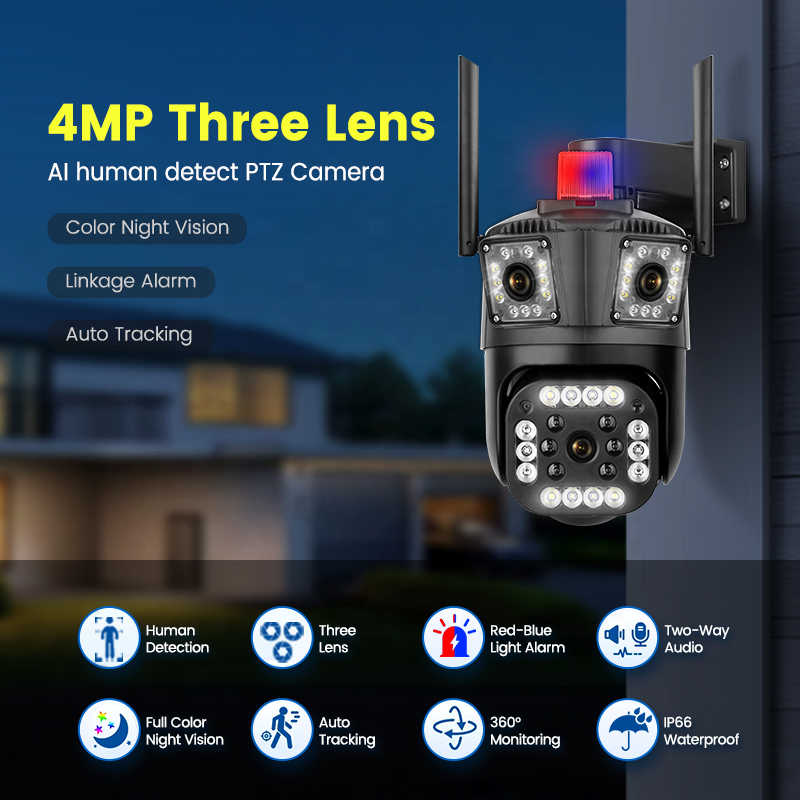 Three lens alarm linkage v380pro app wifi ptz camera smart motion & human detection v380 security wireless network camera