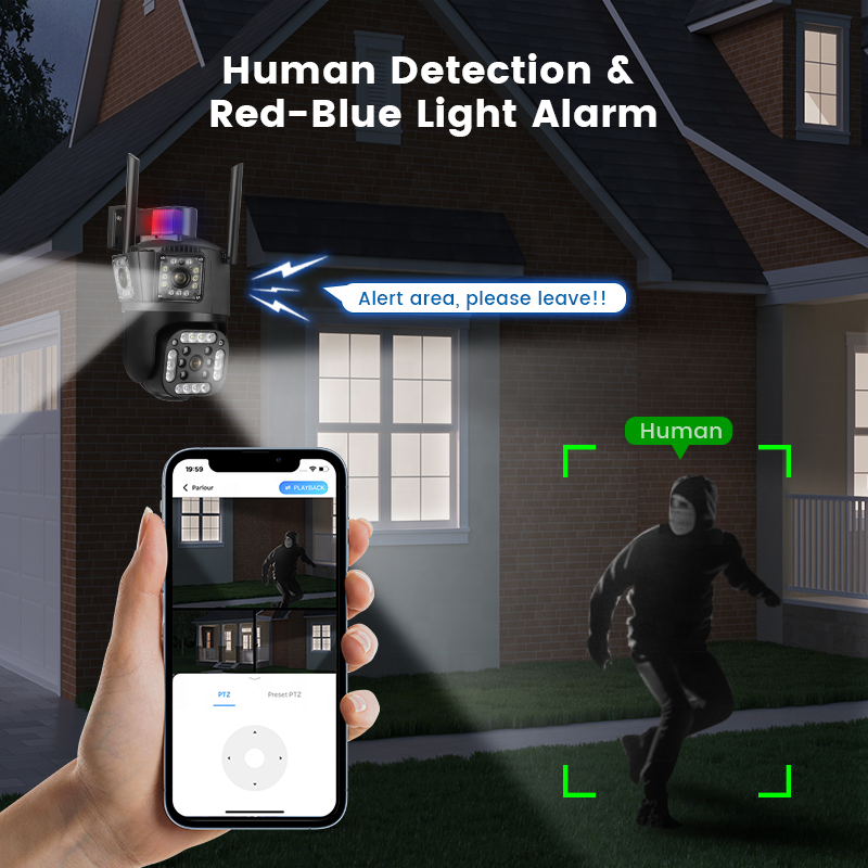 Three lens alarm linkage v380pro app wifi ptz camera smart motion & human detection v380 security wireless network camera