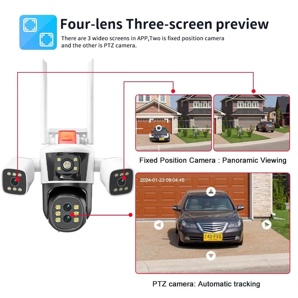 8K 16MP 4 lens 3-Screen 10X Optical Zoom IP cctv surveillance camera wifi Color Night Vision human detection Network camera