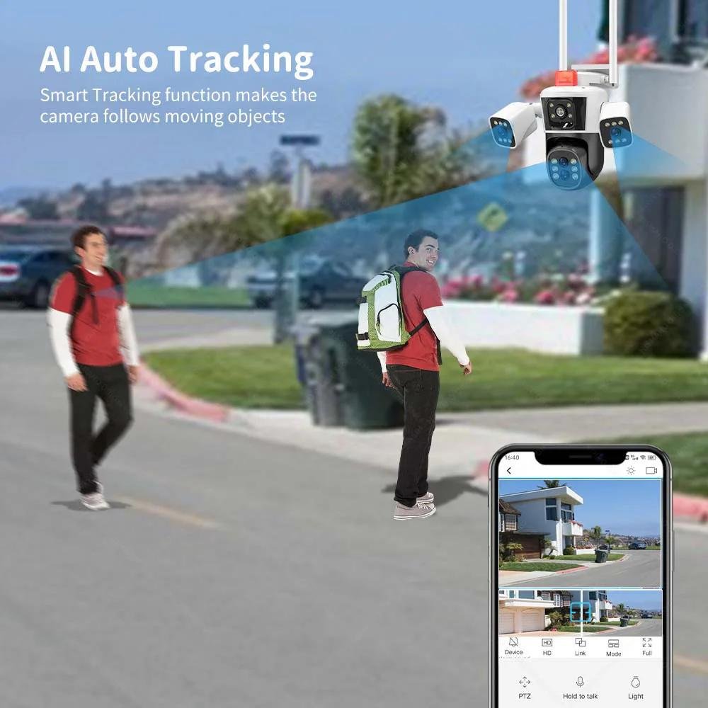 8K 16MP 4 lens 3-Screen 10X Optical Zoom IP cctv surveillance camera wifi Color Night Vision human detection Network camera