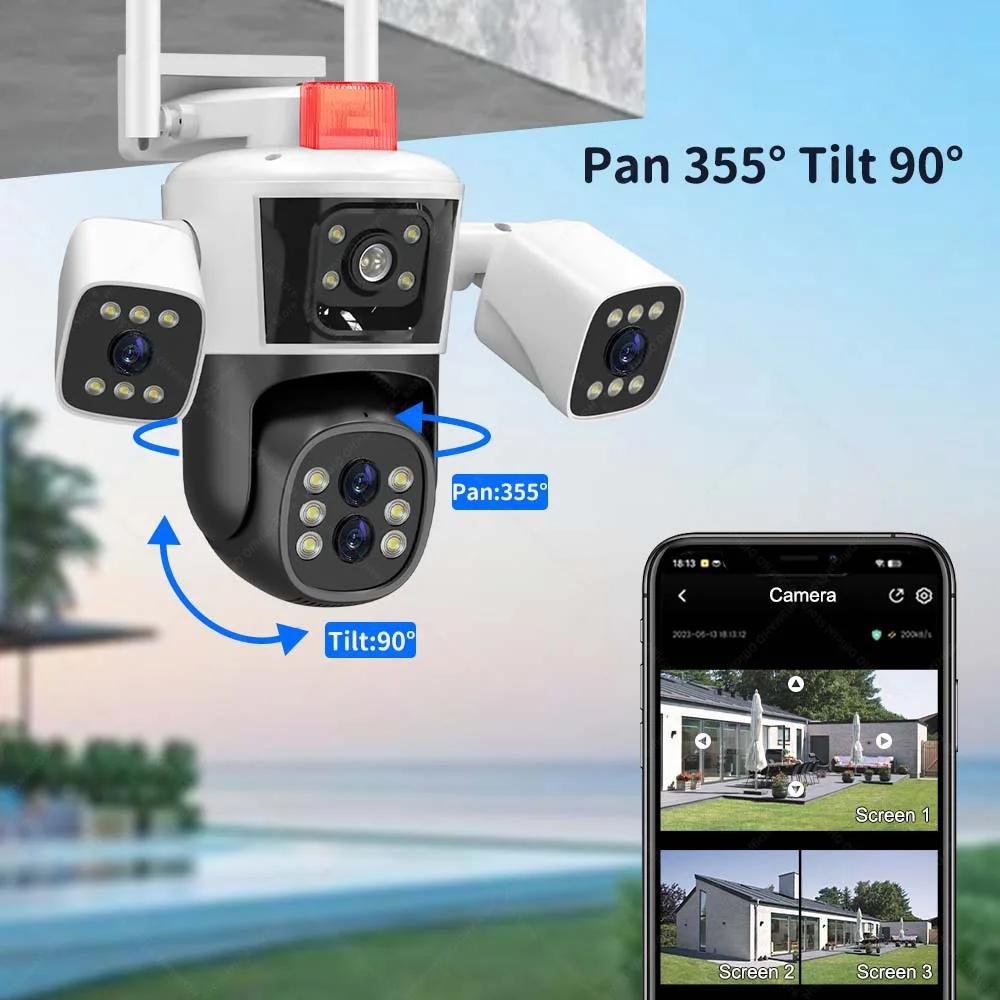 8K 16MP 4 lens 3-Screen 10X Optical Zoom IP cctv surveillance camera wifi Color Night Vision human detection Network camera